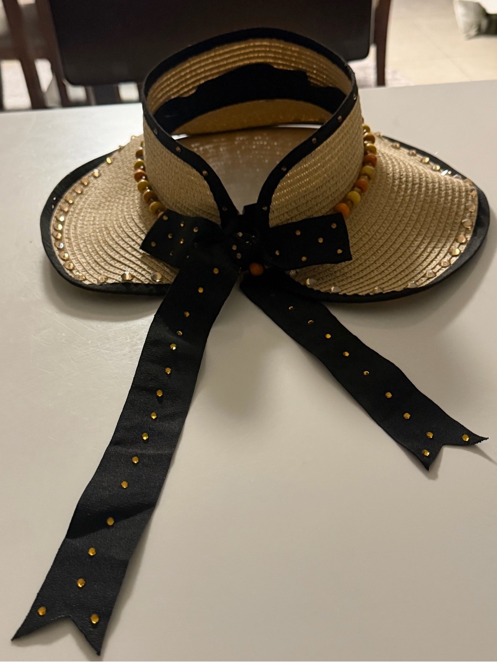 Straw Visor Sun Hat with Black Ribbon and Bead Trim-  home made